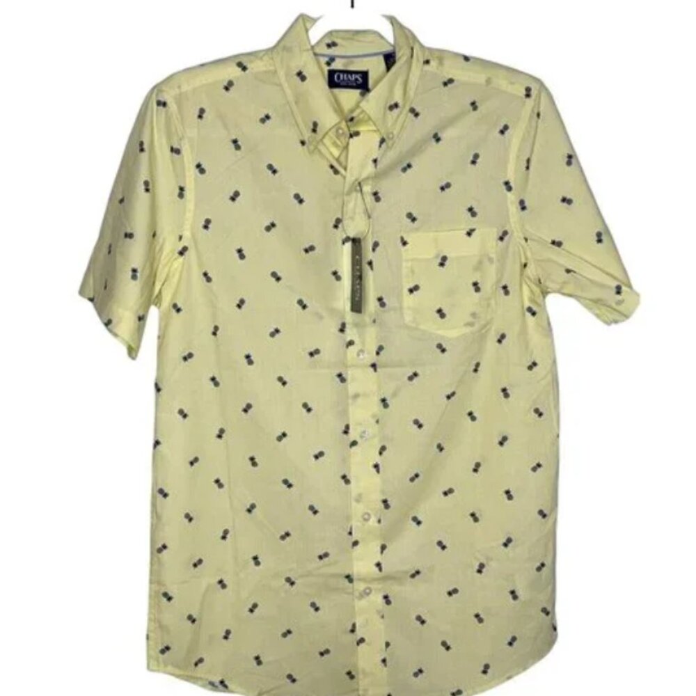 CHAPS Easy Care Yellow Pineapple Print Short Sleeve Mens Button Up Shirt Size M